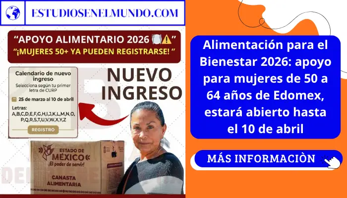 Alimentación para el Bienestar 2026: apoyo para mujeres de 50 a 64 años de Edomex, estará abierto hasta el 10 de abril